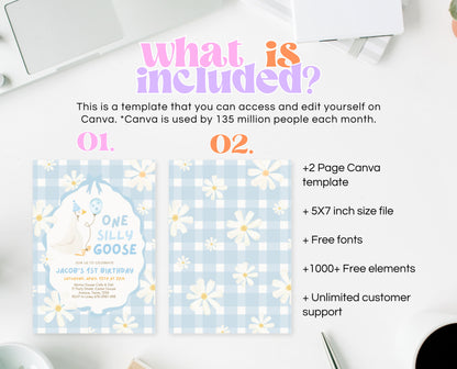 Editable One Silly Goose Birthday Invitation, Boy 1st Birthday Invite, Blue Printable Invite, Goose First Birthday Invite, Template, EPC04