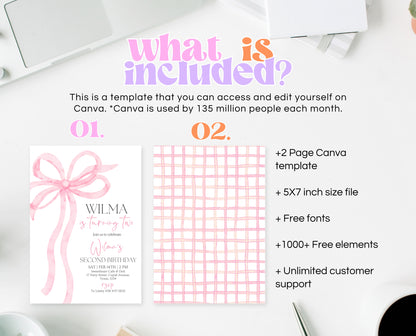 Editable Pink Bow Birthday Invitation, Girl First Birthday Printable, Pink Coquette Bow Invitation Birthday Girl Invite, Bow Invite, VDC12