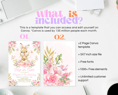 Editable Bunny Birthday Invitation, Pink Gold Some Bunny Birthday, Girl Floral Bunny Birthday, Spring Birthday Rabbit Birthday Invite, EPC09
