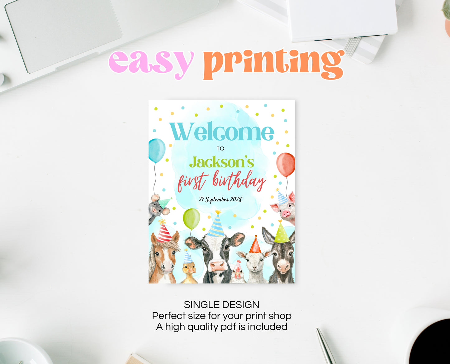 Editable Farm Boy Birthday Welcome Sign, Blue Farm Birthday Party, Calling All Party Animals, Blue Boy Farm Animal Party Welcome Sign, BBP06