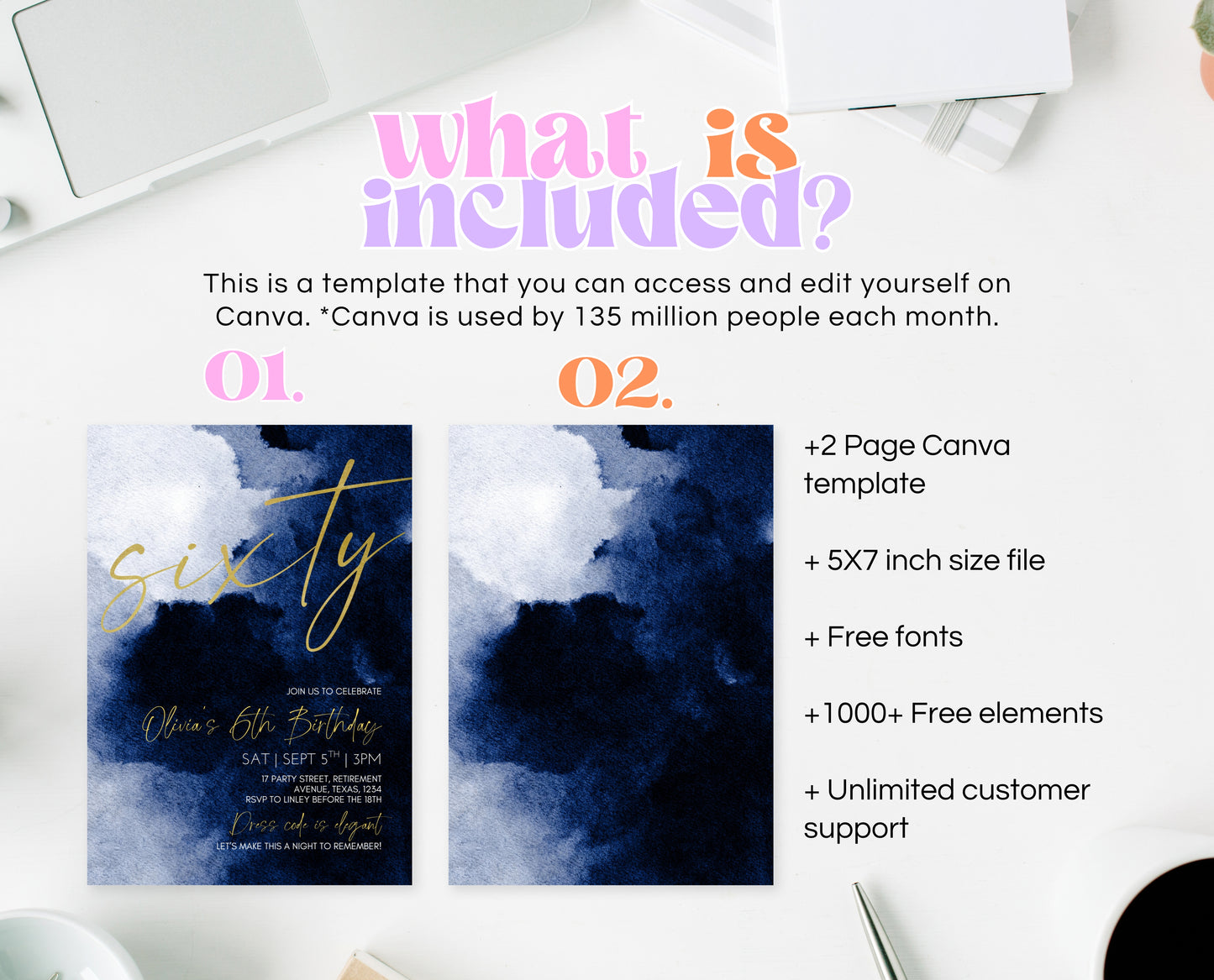 Editable 60th Birthday Invitation, Mobile 60th Birthday Invite, Blue Gold 60th Birthday Decor, 60th Balloon Invite, Instant Download, AB08
