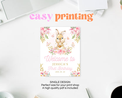 Editable Bunny Birthday Welcome Sign, Pink Gold Some Bunny 1st Birthday, Floral Bunny Birthday, Spring Birthday Rabbit Birthday Sign, EPC09