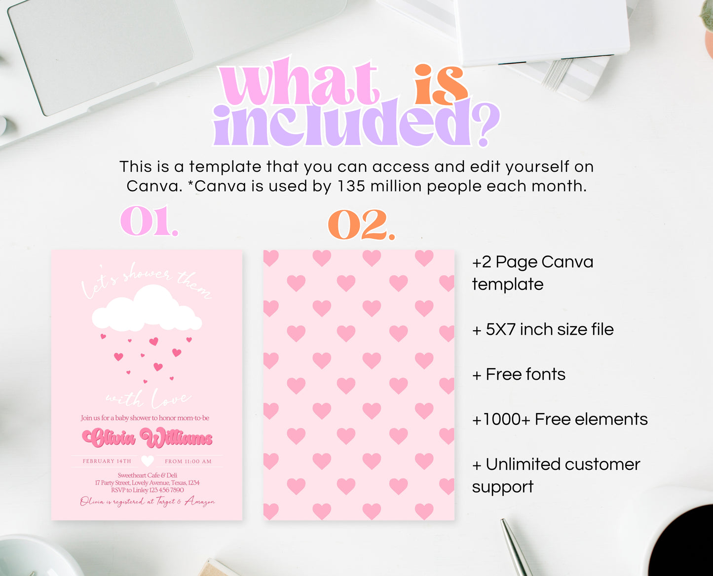 Editable Valentine Baby Shower Invitation, Showered With Love Baby Shower Invite, Pink Cloud Hearts Baby Shower Invite, Download, VDC11