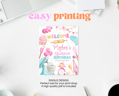 Editable Baking Birthday Party Welcome Sign Kids Cooking Party Poster Chef Party Banner Pink Baking Party Decor Instant Download GBP50