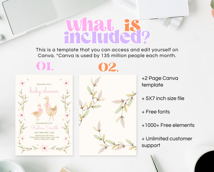 Editable Goose Baby Shower Invitation, A Silly Goose Baby Shower Invitation, Floral Whimsical Goose Invite, Easter Baby Shower Invite, EPC01