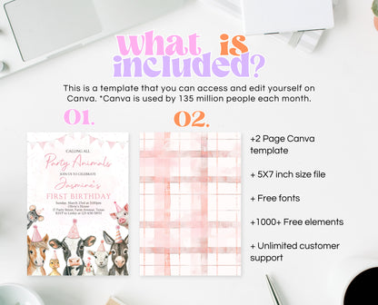 Editable Farm Girl Birthday Invitation, Pink Farm Birthday Party Invite, Calling All Party Animals, Pink Farm Animals Birthday Invite, GBP14