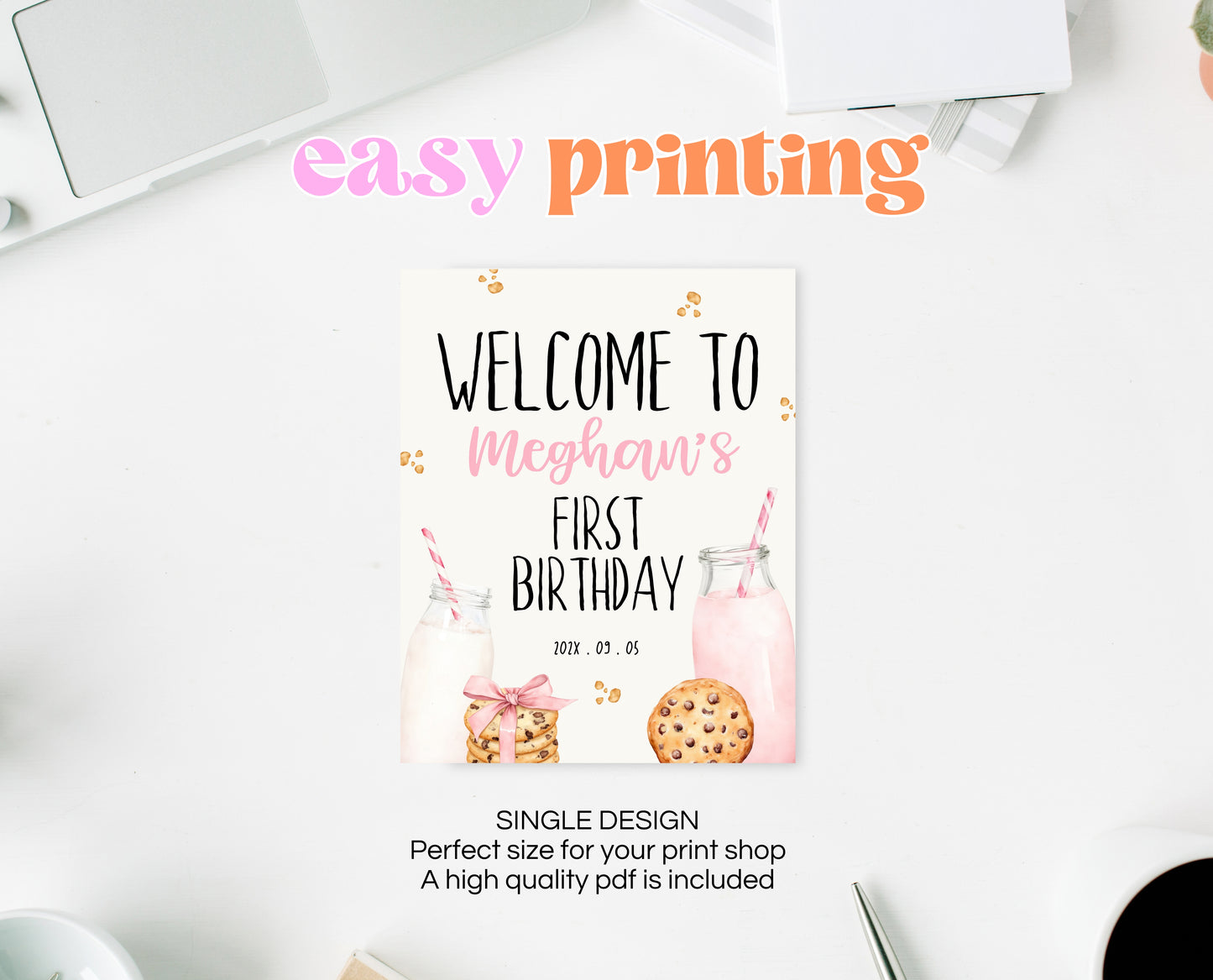 Editable Milk And Cookies Birthday Welcome Sign, Pink Milk And Cookies First Birthday, Printable Girl First Birthday Welcome Banner, GBP01