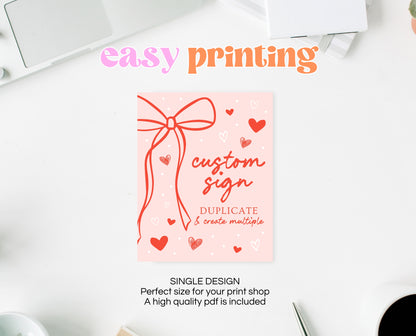 Editable Sweetheart Birthday Custom Sign, Girls Pink Hearts Valentine Birthday, Hand Drawn Coquette Bow Doodle, Instant Download, VDC10