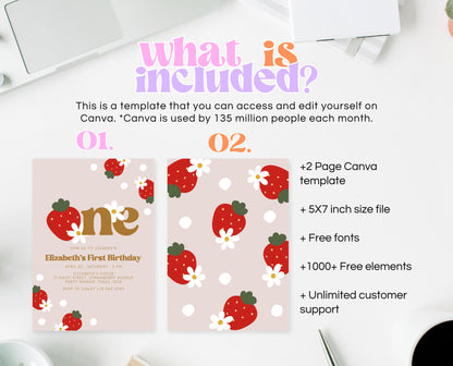 Editable Berry First Birthday Invitation, Strawberry 1st Birthday Girl Invite, Printable Strawberry First Birthday Girl Invitation, GBP02