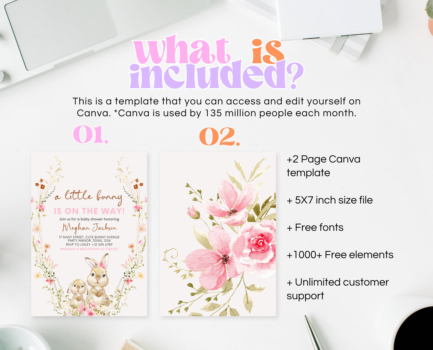 Editable Bunny Baby Shower Invitation, Spring Floral Bunny Invite, Girl Floral Bunny Baby Shower, Spring Rabbit Baby Shower Invite, EPC12