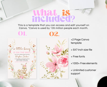 Editable Bunny Baby Shower Invitation, Spring Floral Bunny Invite, Girl Floral Bunny Baby Shower, Spring Rabbit Baby Shower Invite, EPC12