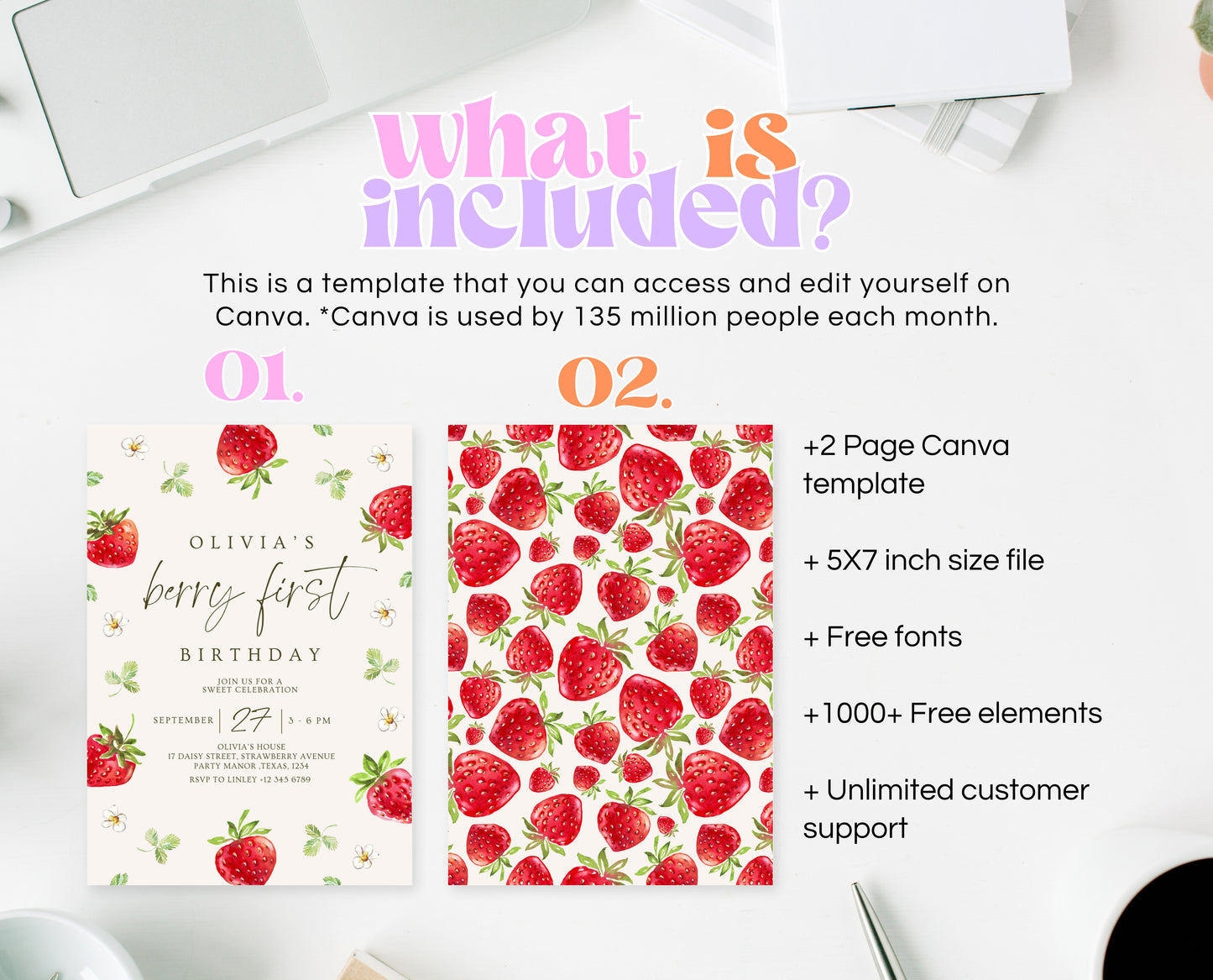 Editable Berry First Birthday Invitation, Strawberry 1st Birthday Girl Invite, Printable Strawberry First Birthday Girl Invitation, GBP04