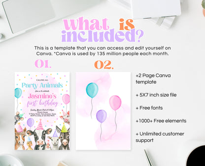 Editable Farm Girl Birthday Invitation, Pink Farm Birthday Party Invite, Calling All Party Animals, Rainbow Farm Animals Party Invite, GBP15