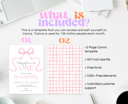 Editable Pink Bow Birthday Invitation, Girl First Birthday Printable, Pink Coquette Bow Invitation Birthday Girl Invite, Bow Invite, VDC12