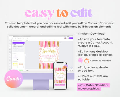 Editable Spa Birthday Invitation, Spa Party Invite, Pamper Birthday Invite, Pink Glam Party Invite, Spa Girls Birthday Invitation, GBP07