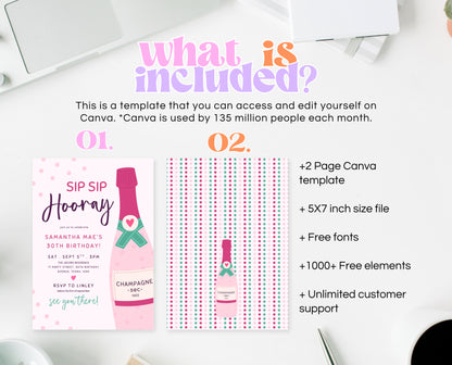 Editable Sip Sip Hooray Pink Champagne Birthday Invitation Cute Bubbly Party Template Modern Girly Printable Invite