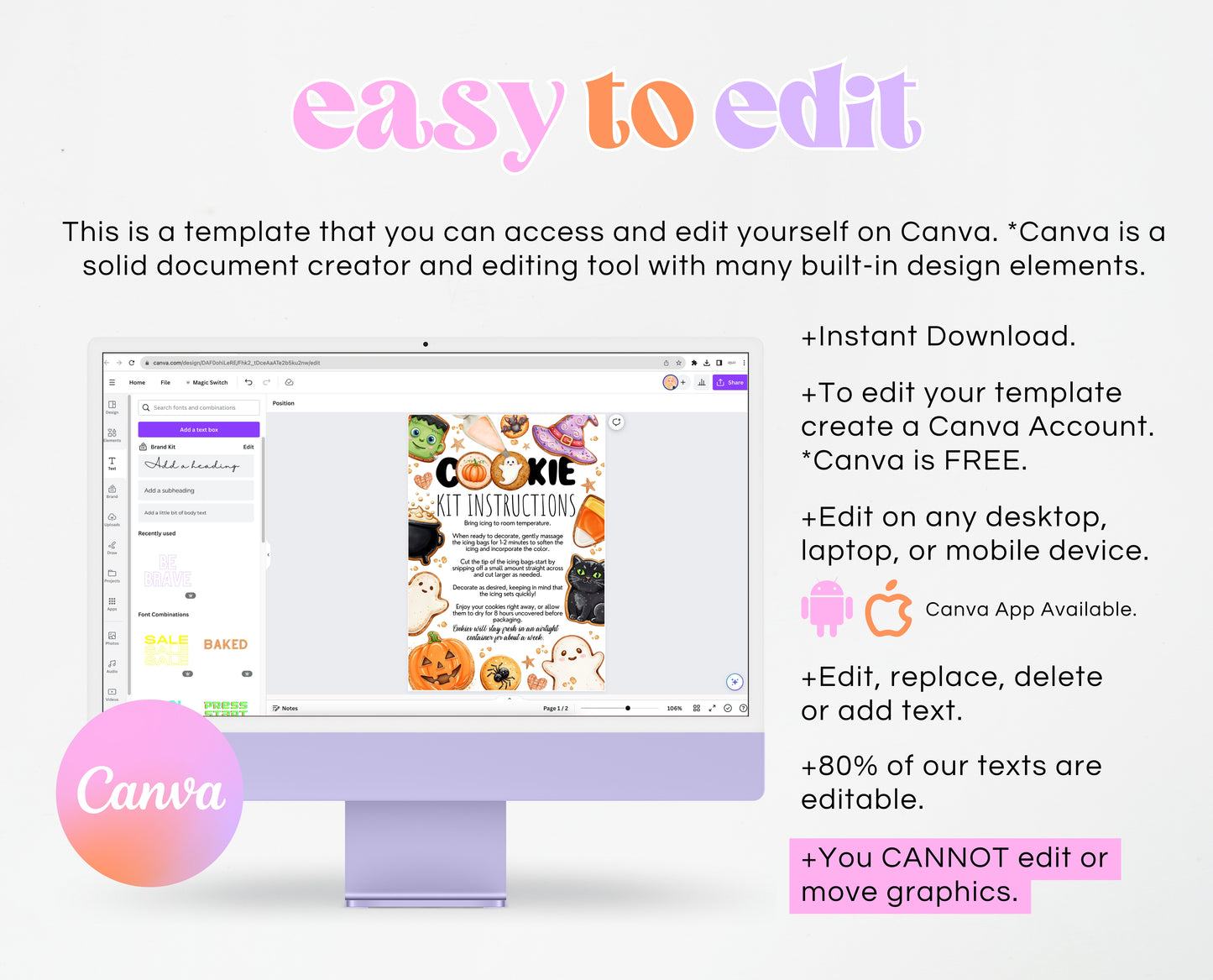Editable Halloween Cookie Instructions Card Decorate Your Own Spooky Ghost Pumpkin Bat Kit DIY Trick Treat Printable Fall Instant Download