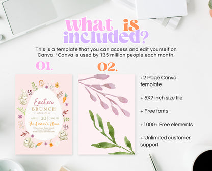 Editable Easter Brunch Invitation, Printable Easter Party Invitation, Scribble Doodle Easter Invite, Pink Floral Easter Brunch Invitation