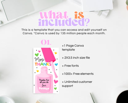 Editable Nail Polish Appreciation Gift Tag, Printable Mani Thanks Teacher Staff Favor Tag, Editable Manicure Thank You Tag, Instant Download