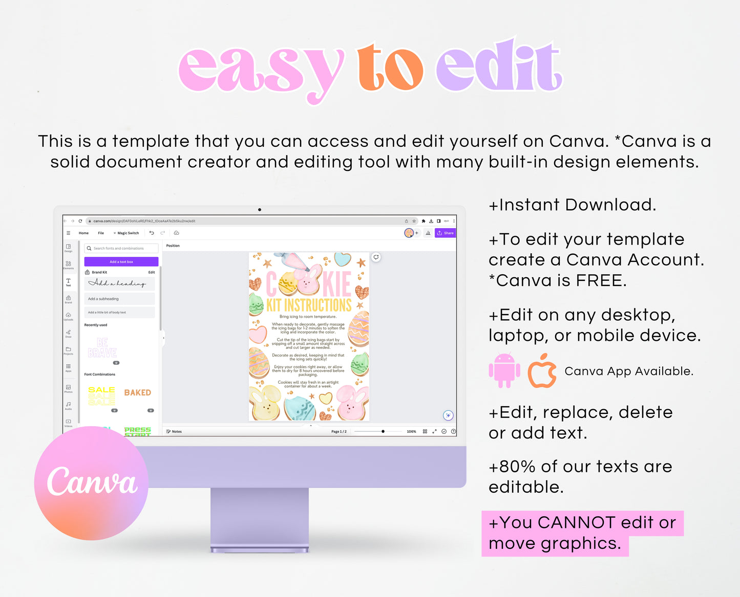 Editable Easter Cookie Kit Instructions Card, Decorate Your Own Easter Bunny Cookie, Cookie Decorating Kit DIY, Printable, Instant Download