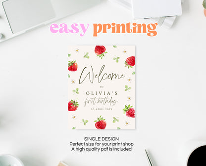 Editable Strawberry Birthday Welcome Sign, Strawberry Birthday Girl Decor, Printable Boho Strawberry Birthday Welcome Banner, GBP04