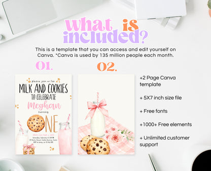 Editable Milk And Cookies Birthday Invitation, Pink Milk And Cookies First Birthday Invite, Printable Girl First Birthday Invite, GBP01