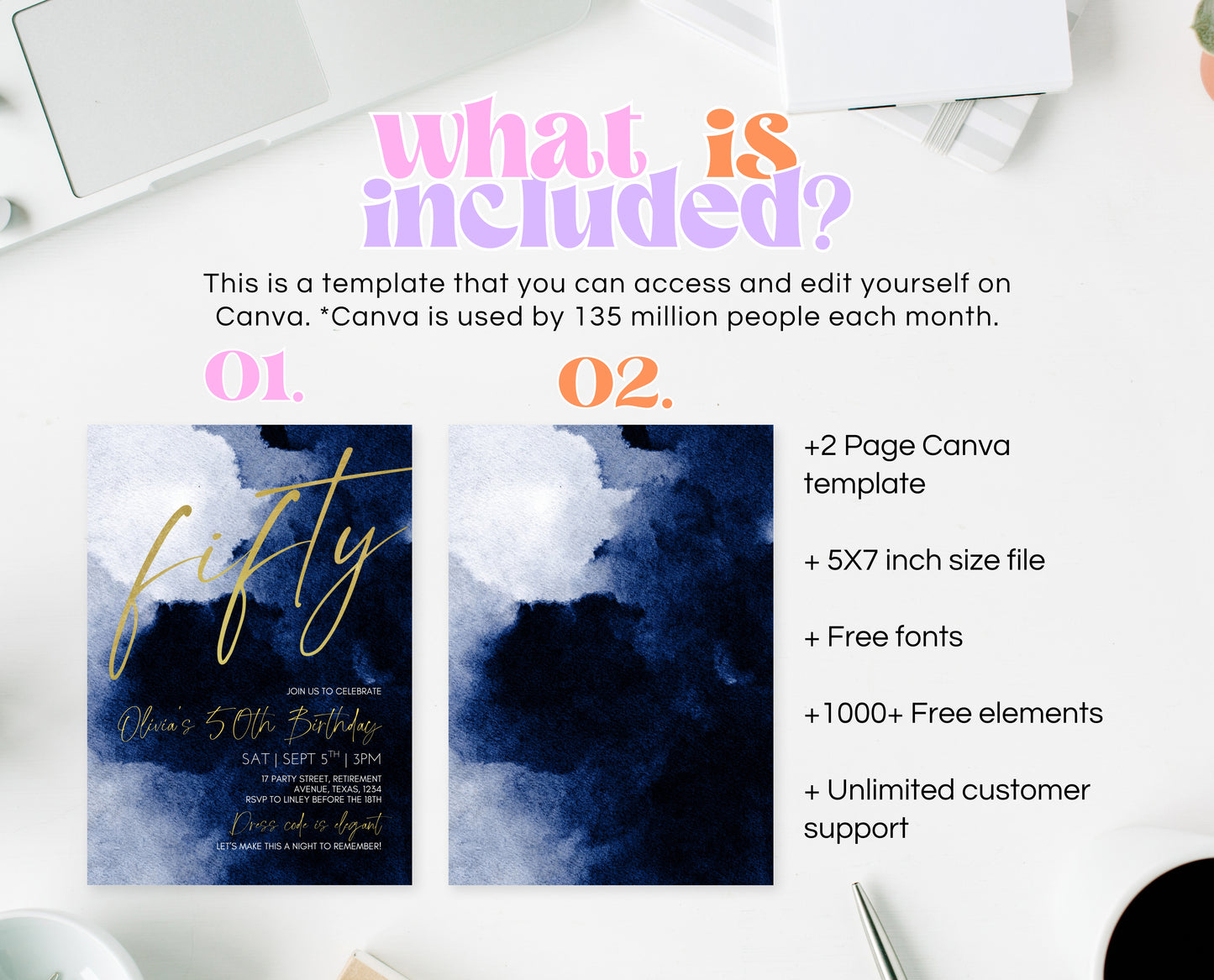 Editable 50th Birthday Invitation, 50th Fifty Birthday Invite, Blue Gold 50th Birthday Decor, Fiftieth Modern Invite, Instant Download, AB08