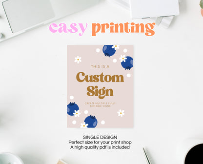 Editable Blueberry Birthday Custom Sign, Retro Blueberry Birthday Girl Decor, Printable Boho Blueberry Birthday Custom Banner, Gold, GBP03