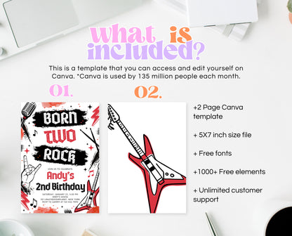 Editable Born Two Rock 2nd Birthday Party Invitation, Boy Rock And Roll Party Invitation, Punk Rock Birthday Invite, Red Rock Invite, BBP08