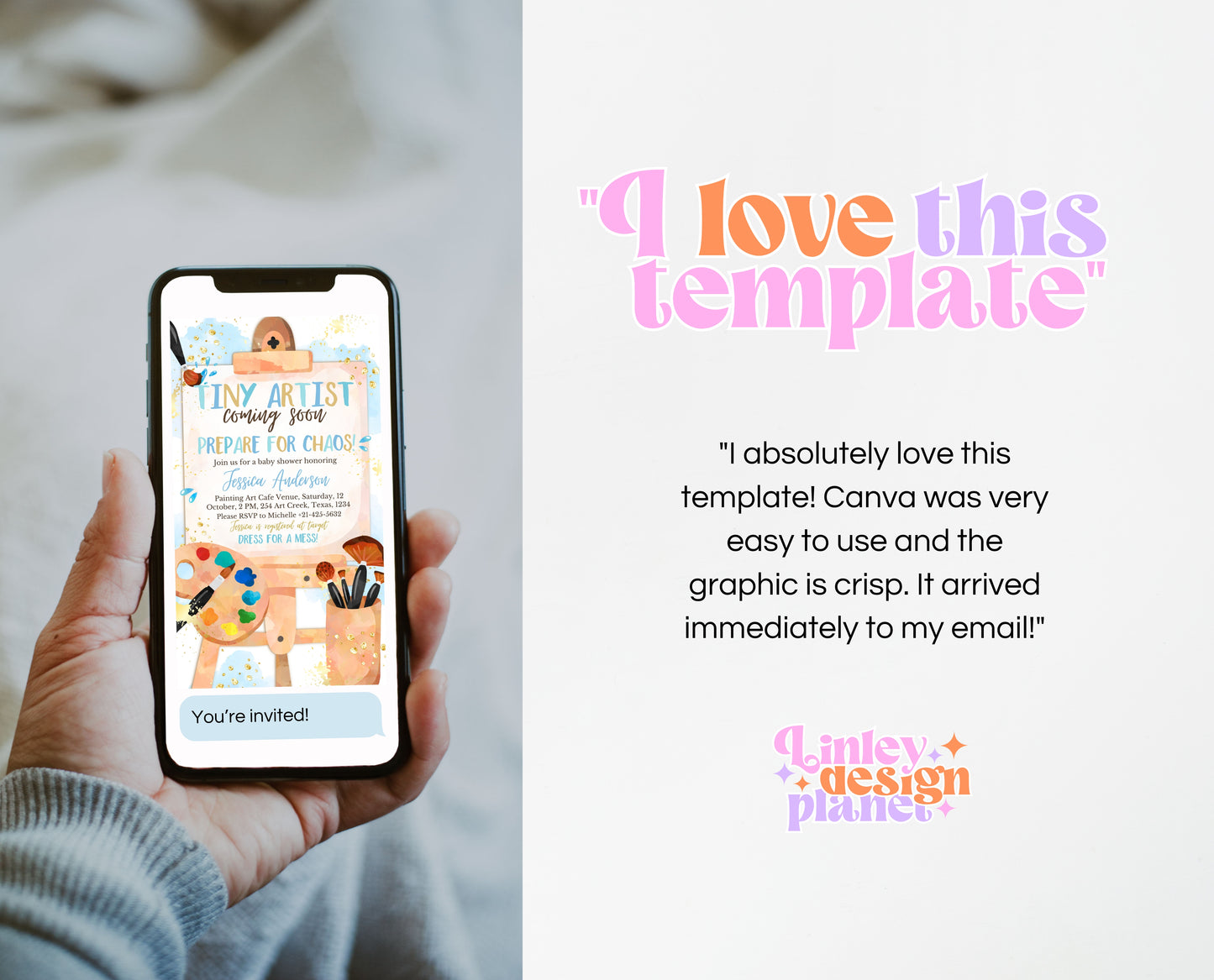 Editable Blue Art Baby Shower Mobile Invitation, A Little Art Is On The Way, Boy Painting Baby Shower, Blue Artist Brushes Baby Shower Evite