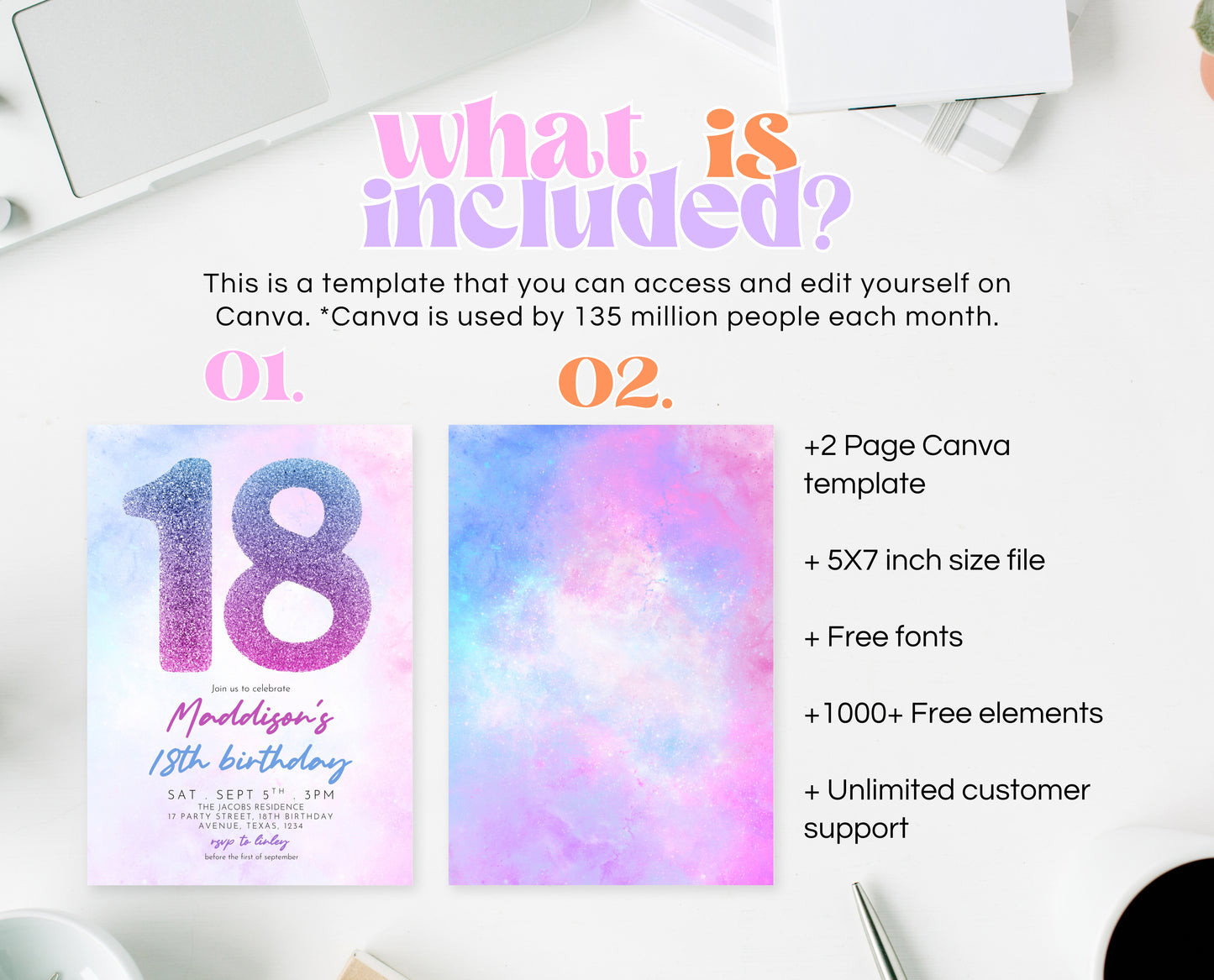 Editable 18th Birthday Invitation Pink Purple Blue Glitter Design Modern Elegant Digital Party Template Printable Invite Instant Download