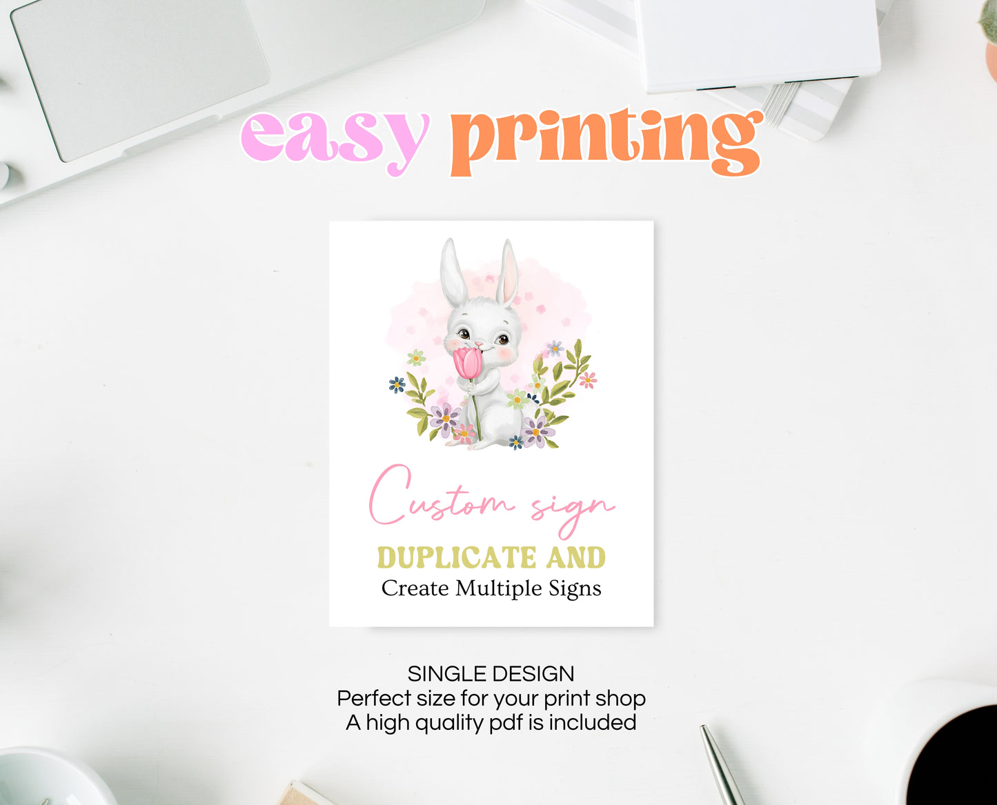 Editable Pink Bunny Birthday Custom Sign, White Bunny Birthday Party, Hop On Over Bunny Birthday, Spring Birthday, Rabbit Custom Sign, EPC16