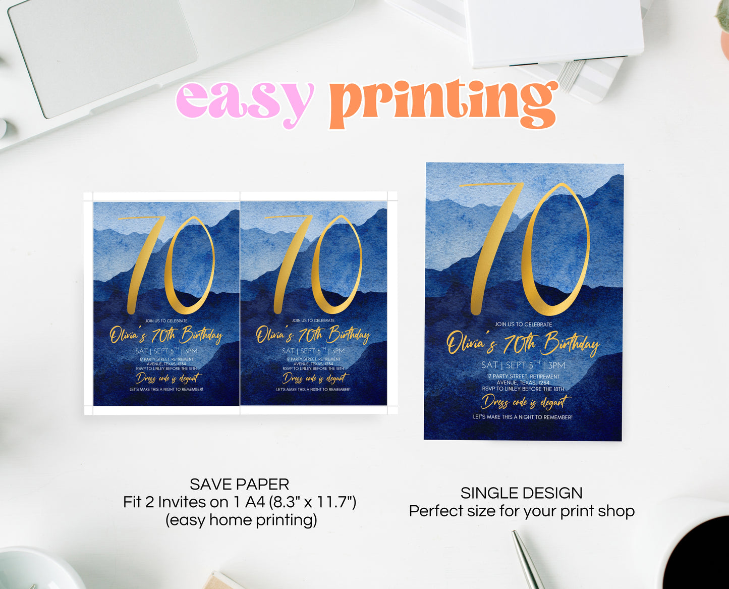 Editable 70th Birthday Invitation Blue Gold Digital Template Modern Mobile Invite for Him Instant Download Printable Party Design AB09