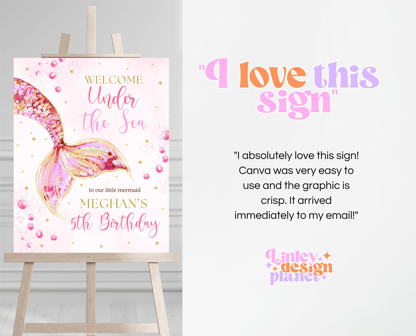 Editable Mermaid Tail Birthday Welcome Sign, Under the Sea Birthday Welcome Banner, Birthday Template, Pink And Gold Glitter Mermaid, GBP11