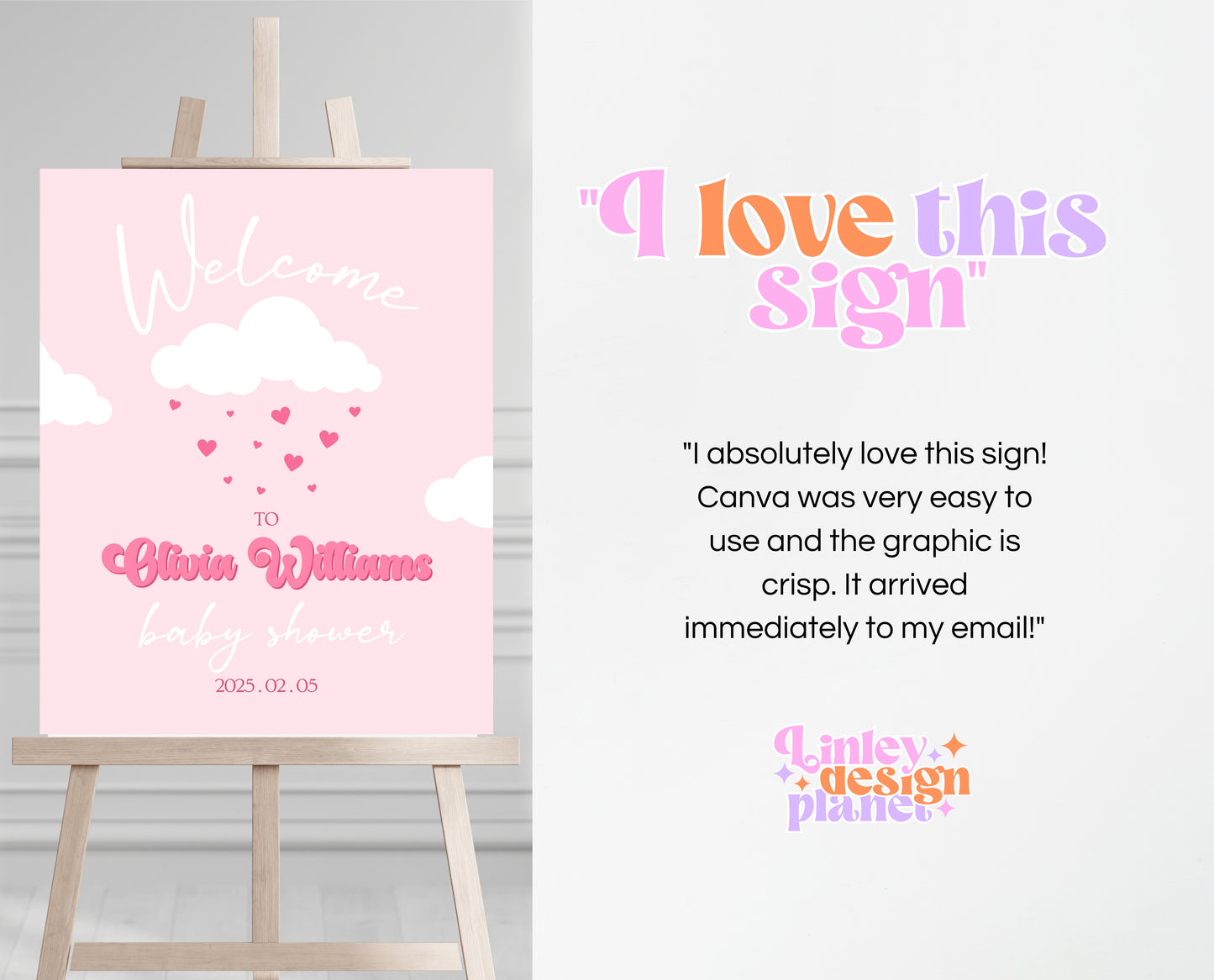 Editable Valentine Baby Shower Welcome Sign, Showered With Love Baby Shower Sign, Pink Cloud Hearts Baby Shower Welcome, Download, VDC11
