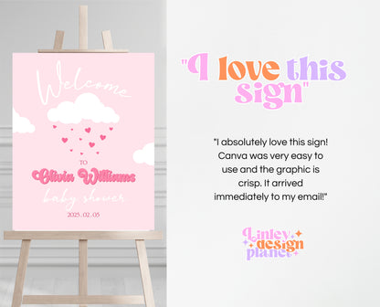 Editable Valentine Baby Shower Welcome Sign, Showered With Love Baby Shower Sign, Pink Cloud Hearts Baby Shower Welcome, Download, VDC11