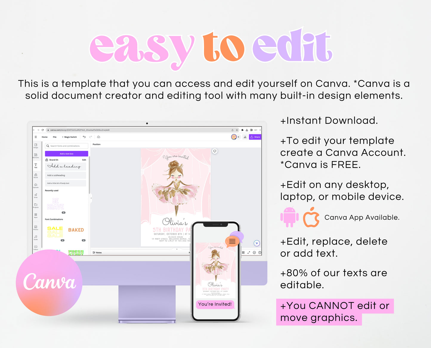 Editable Ballerina Birthday Invitation, Pink Ballet Birthday Invite, Ballet Dancer Party, Printable Ballet Invite, Instant Download, GBP49
