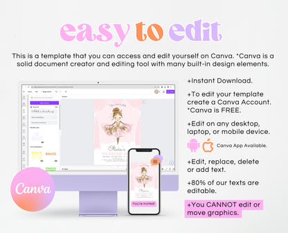 Editable Ballerina Birthday Invitation, Pink Ballet Birthday Invite, Ballet Dancer Party, Printable Ballet Invite, Instant Download, GBP49