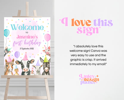 Editable Farm Girl Birthday Welcome Sign, Pink Farm Birthday Party Decor, Calling All Party Animals, Rainbow Girl Farm Welcome Banner, GBP15