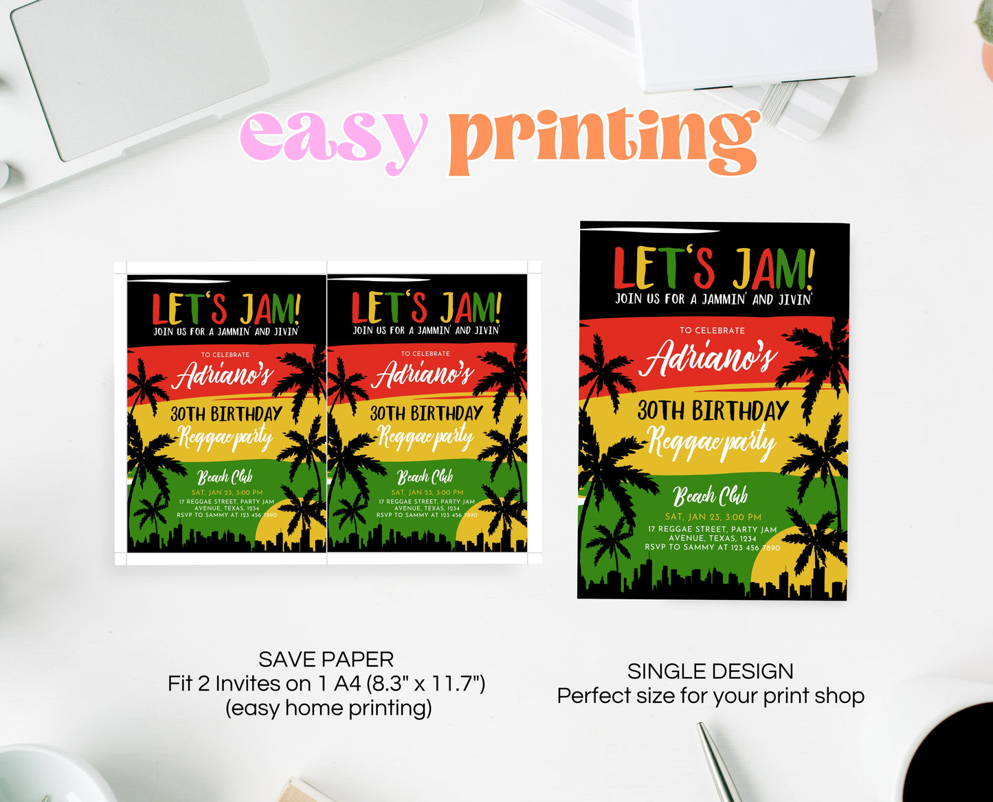 Editable Reggae Birthday Invitation Jamaican Theme Adult Party Template 30th 40th Celebration Printable Tropical Invite AB16