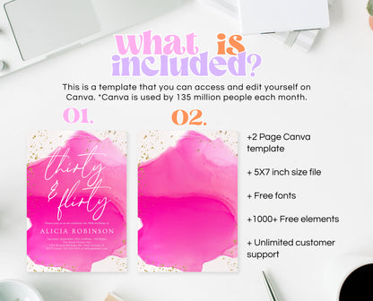 Editable Thirty and Flirty 30th Birthday Invitation Hot Pink and Gold Glam Party Invite Modern Birthday Template Instant Download AB17