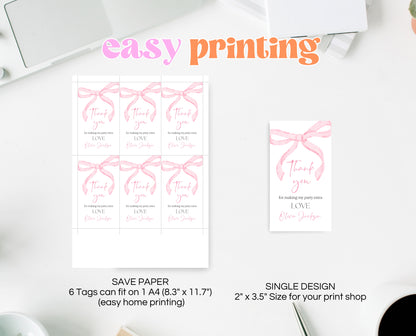 Editable Pink Bow Birthday Favor Tag, Girl First Birthday Printable, Pink Coquette Bow Girl Favor Gift Tag, Bow Tag, Instant Download, VDC12