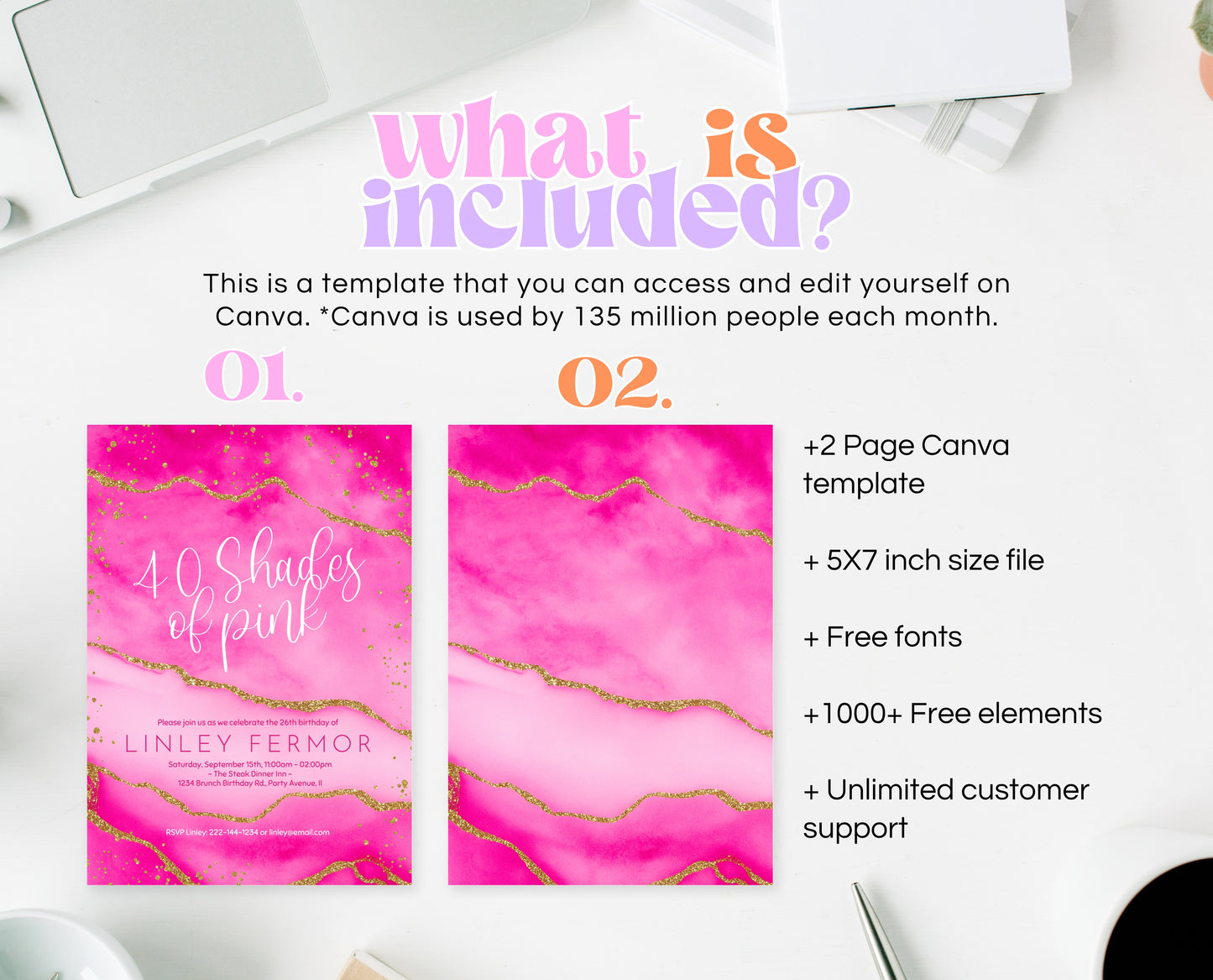 Editable Hot Pink and Gold Birthday Invitation Glam Party Template for Any Age Modern Printable Shades Of Pink Invite Instant Download AB18
