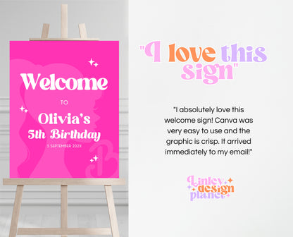 Editable Doll Box Birthday Welcome Sign, Girl Glam Doll Birthday Decorations, Hot Pink Fashion Party, Girl Pink Birthday Welcome Sign, GBP16