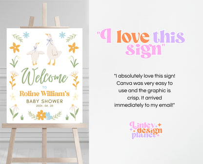 Editable Goose Baby Shower Welcome Sign, A Silly Goose Baby Shower, Floral Whimsical Goose Welcome Sign, Easter Baby Shower Theme, EPC02