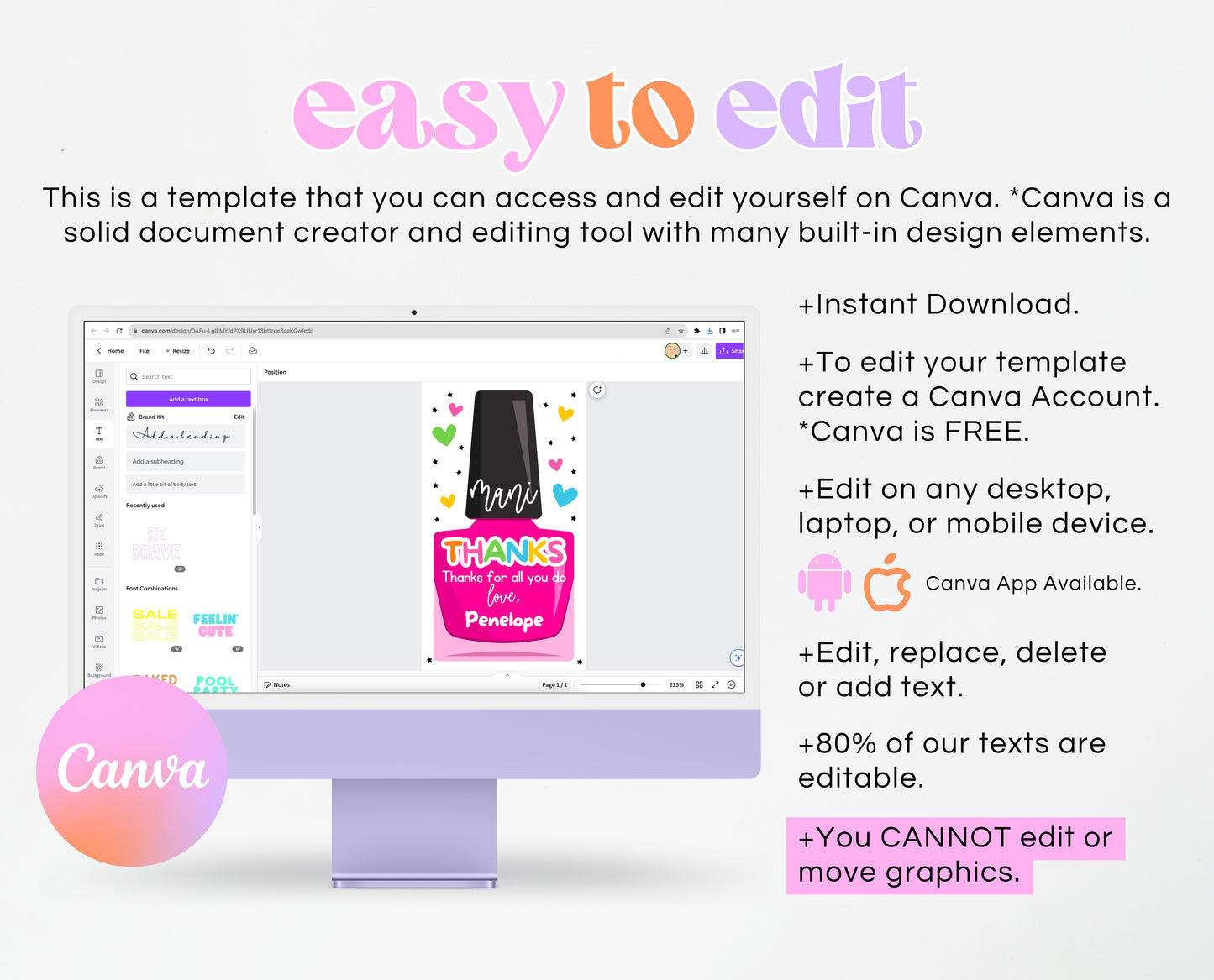 Editable Nail Polish Appreciation Gift Tag, Printable Mani Thanks Teacher Staff Favor Tag, Editable Manicure Thank You Tag, Instant Download