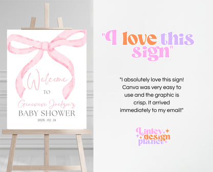 Editable Pink Bow Baby Shower Welcome Sign, Girl First Baby Shower Printable, Pink Coquette Bow Welcome Girl Sign, Bow Sign Decor, VDC12