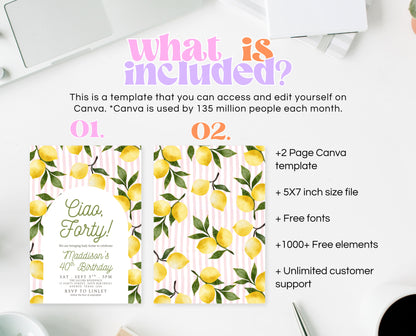 Editable Ciao Forty Birthday Invitation Lemon Boho Theme Modern 40th Party Template Digital Printable Invite Italian Summer Design Pink