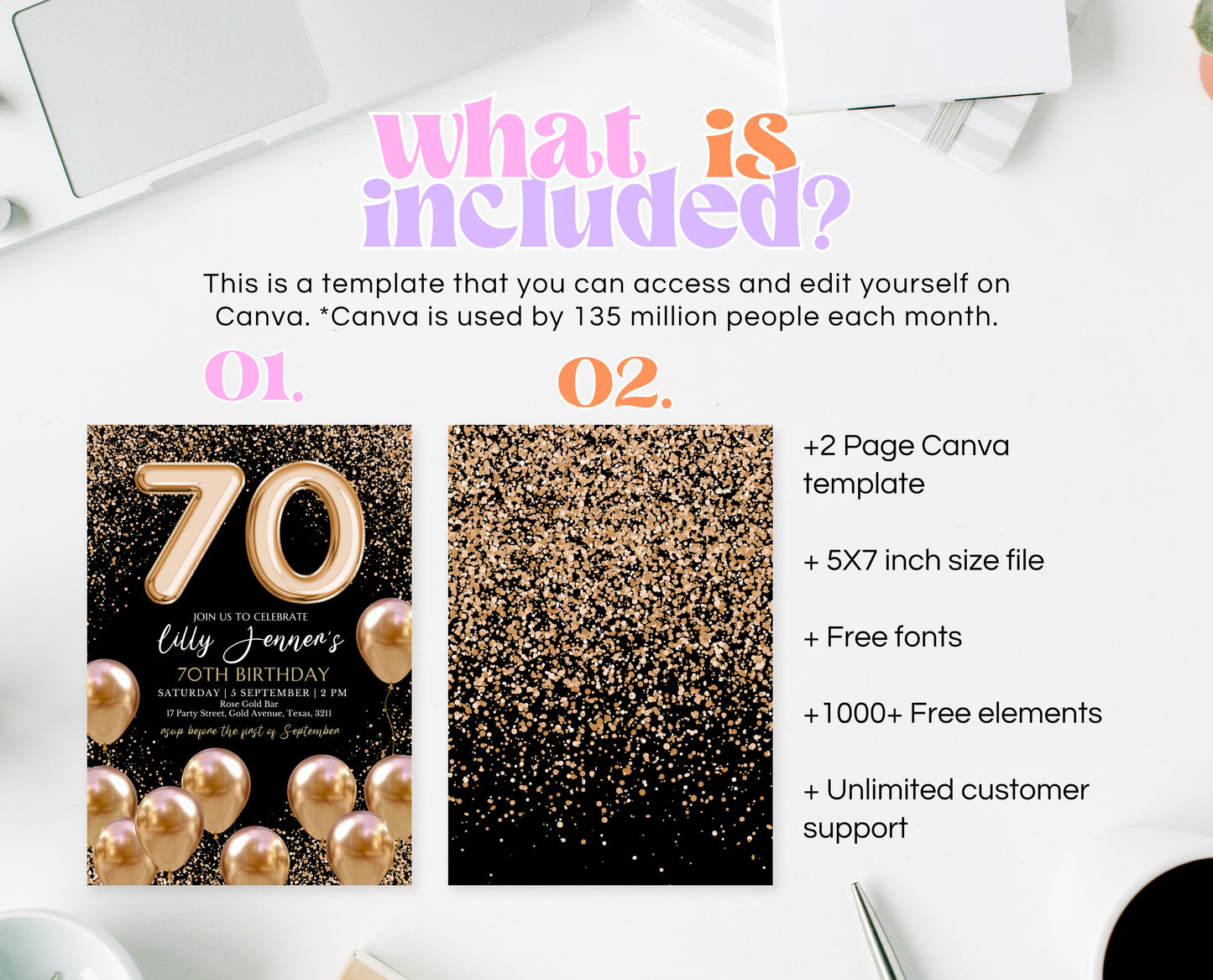 Editable 70th Birthday Invitation Black and Gold Design Modern 70th Party Invite Digital Template Printable Instant Download