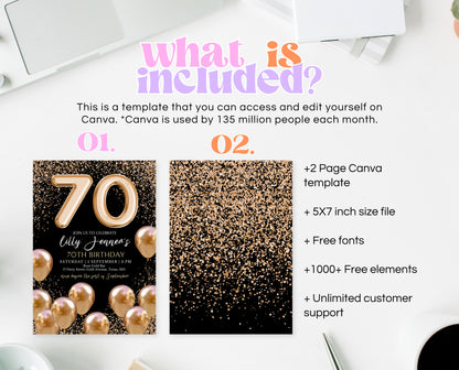 Editable 70th Birthday Invitation Black and Gold Design Modern 70th Party Invite Digital Template Printable Instant Download